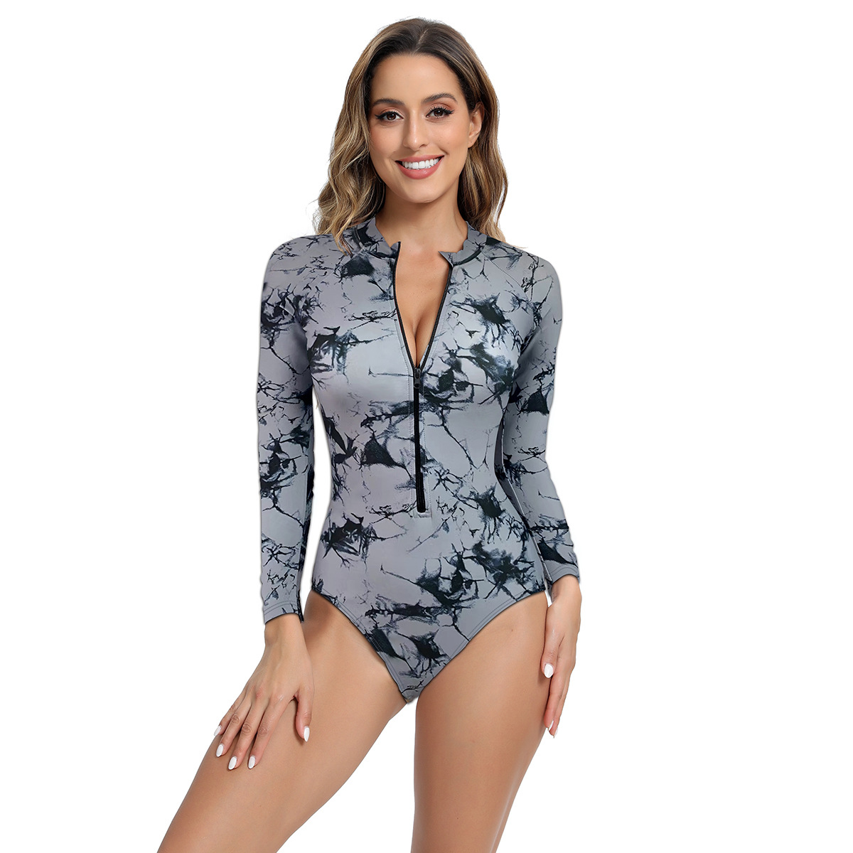 New Women Front Zipper Long Sleeve 1 Piece Swimwear Beach Triangle Bathing Suits